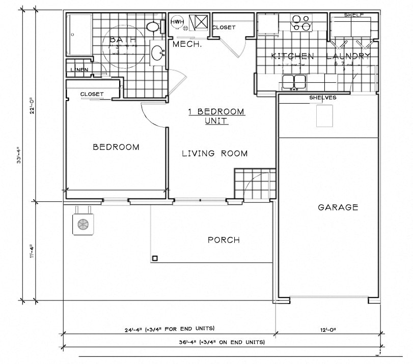 Floor plan for 1 bed, 1 bath, 918 sqft